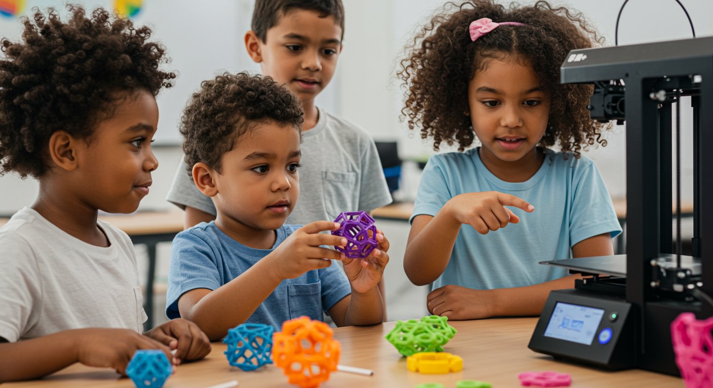 (реалистичная фотография) (Не используй текст и буквы на изображении) : 3d печать, Дети и обучение 3D-печати