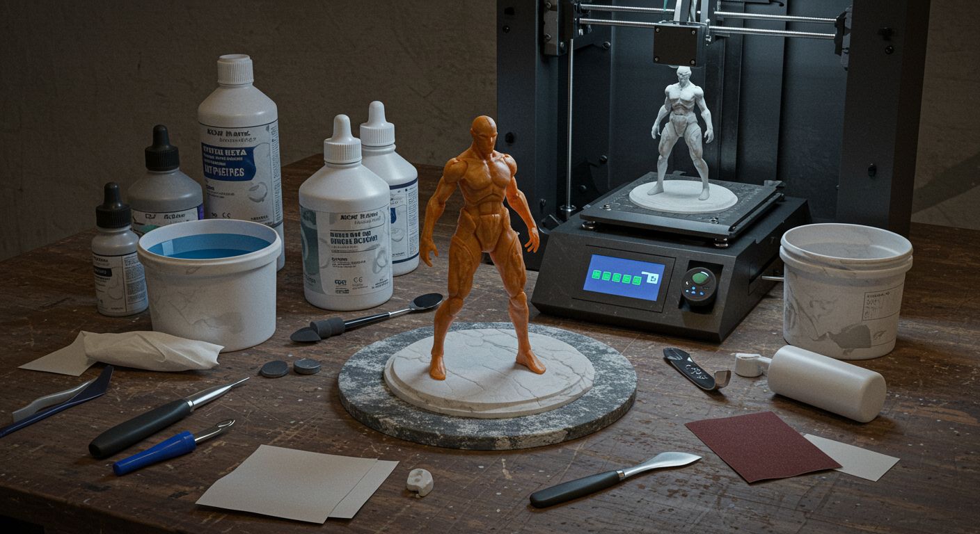 (реалистичная фотография) (Не используй текст и буквы на изображении) : 3d печать, Производство фигурок из эпоксидной смолы: материалы и техника