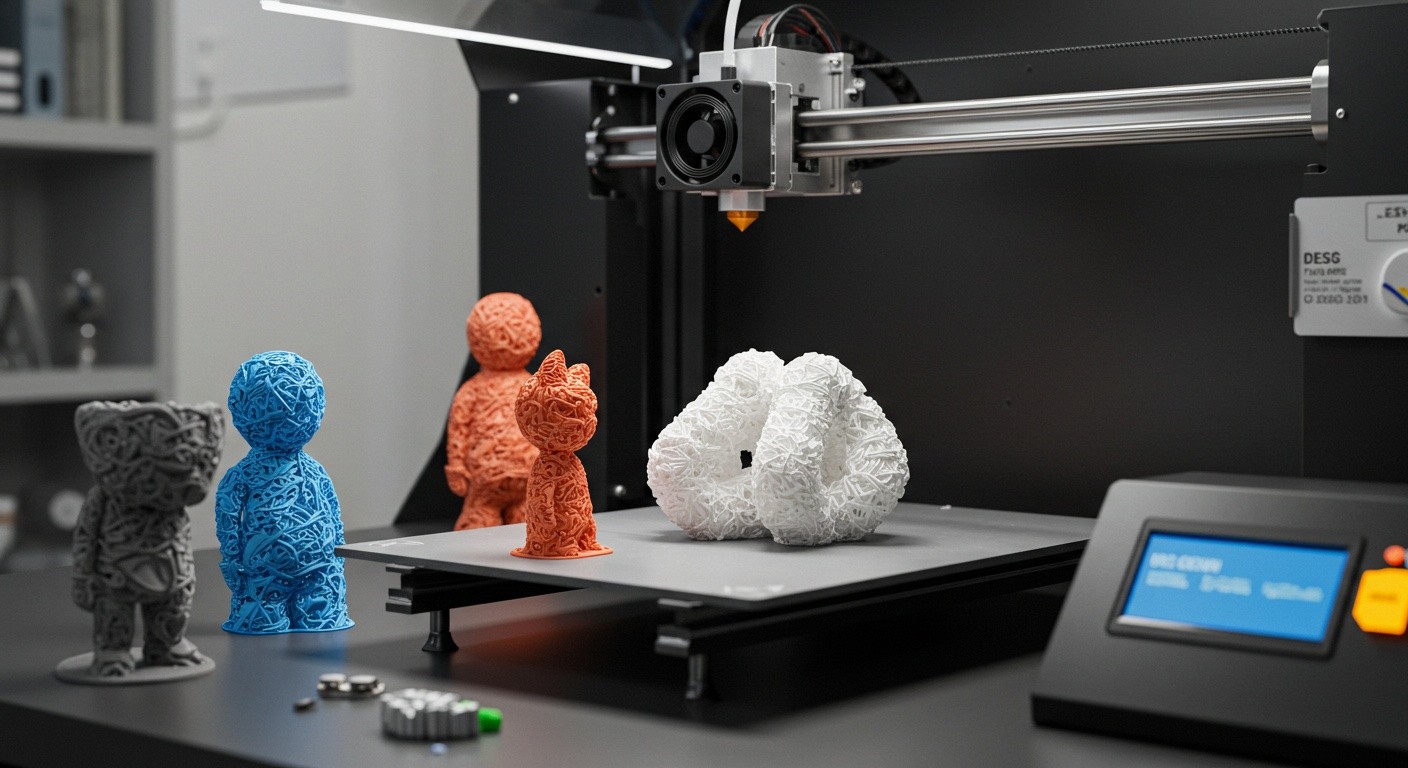 (реалистичная фотография) (Не используй текст и буквы на изображении) : 3d печать, Производство фигур и изделий из переработанных материалов