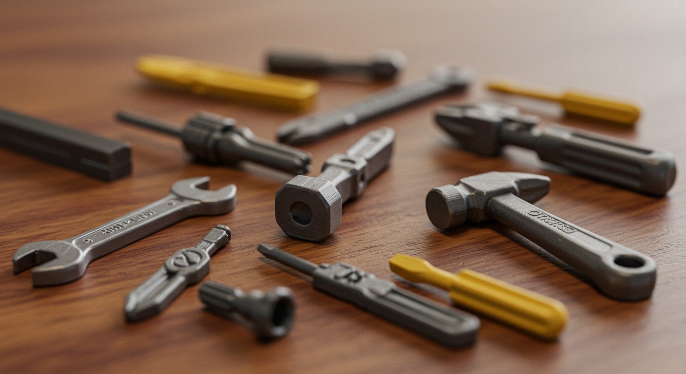 (реалистичная фотография) (Не используй текст и буквы на изображении) : 3d печать, 3D-печать миниатюрных инструментов как сувениров