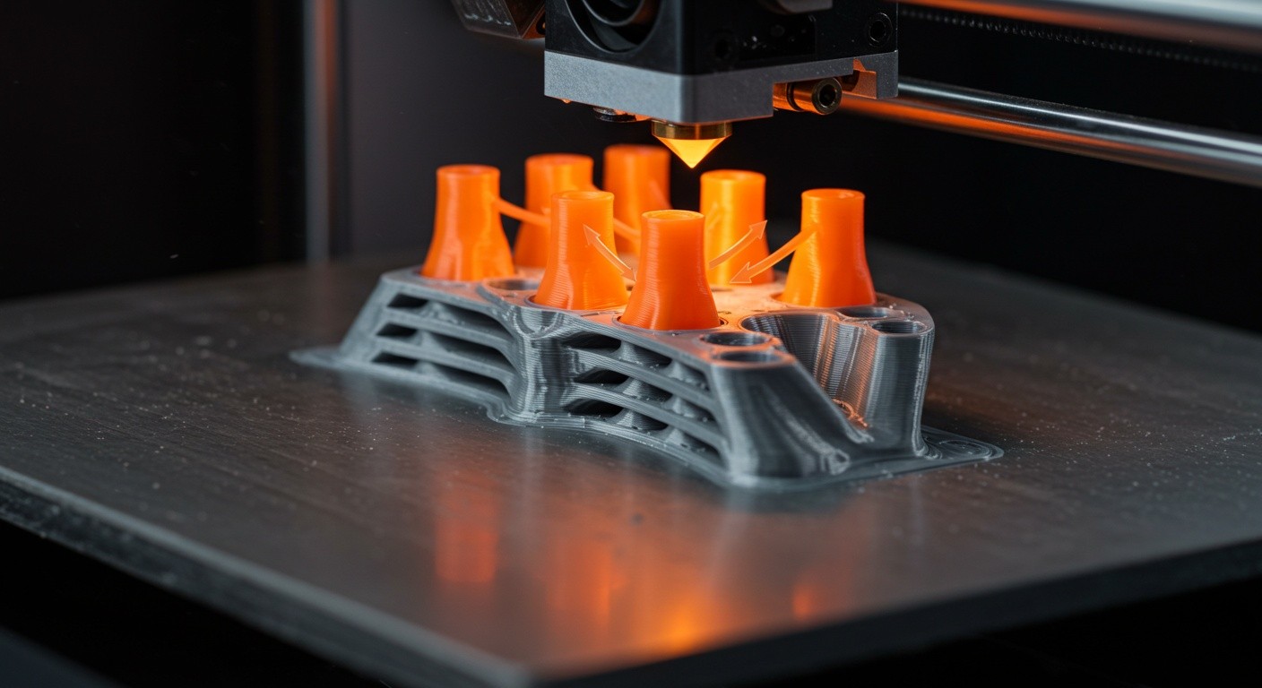 (реалистичная фотография) (Не используй текст и буквы на изображении) : 3d печать, Как работает поддержка послойного охлаждения