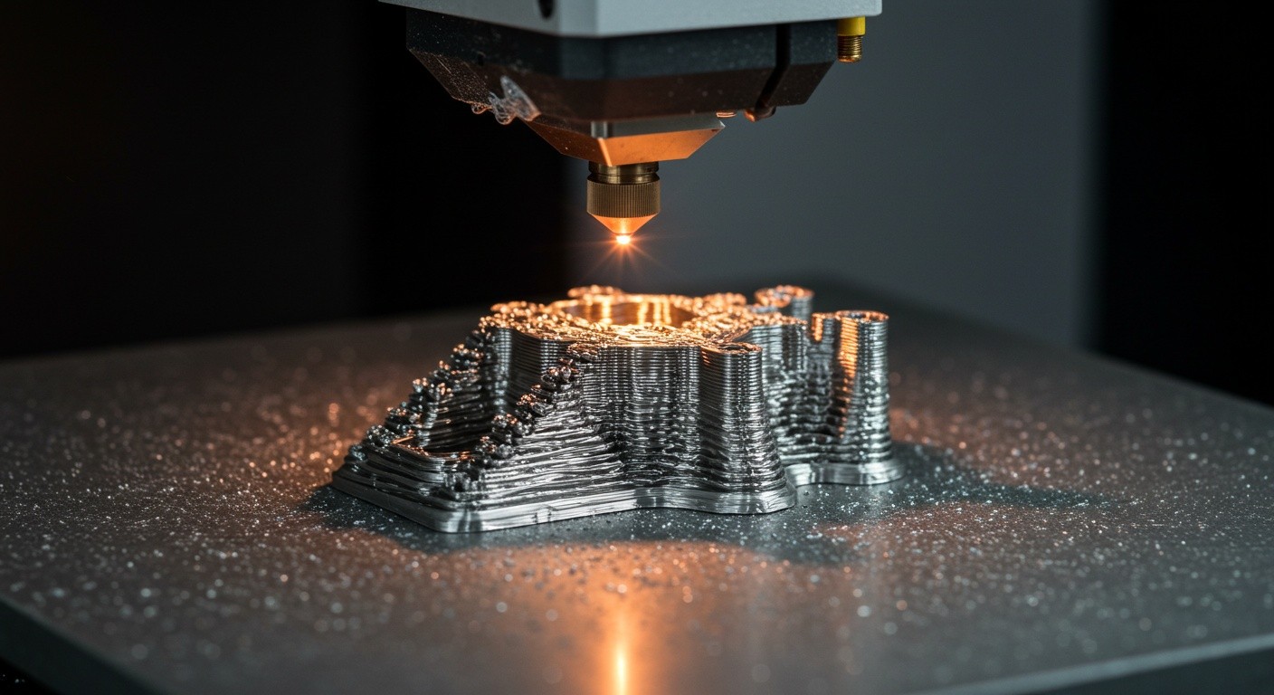 (реалистичная фотография) (Не используй текст и буквы на изображении) : 3d печать, Процесс создания изделий из металлических сплавов