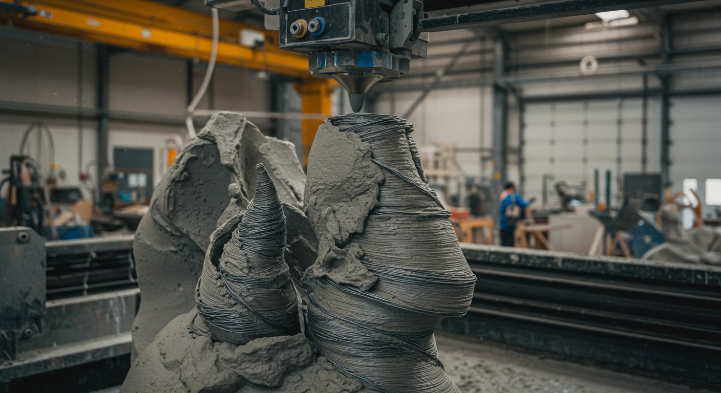 (реалистичная фотография) (Не используй текст и буквы на изображении) : 3d печать, Создание статуй из бетона с добавлением армирующих материалов