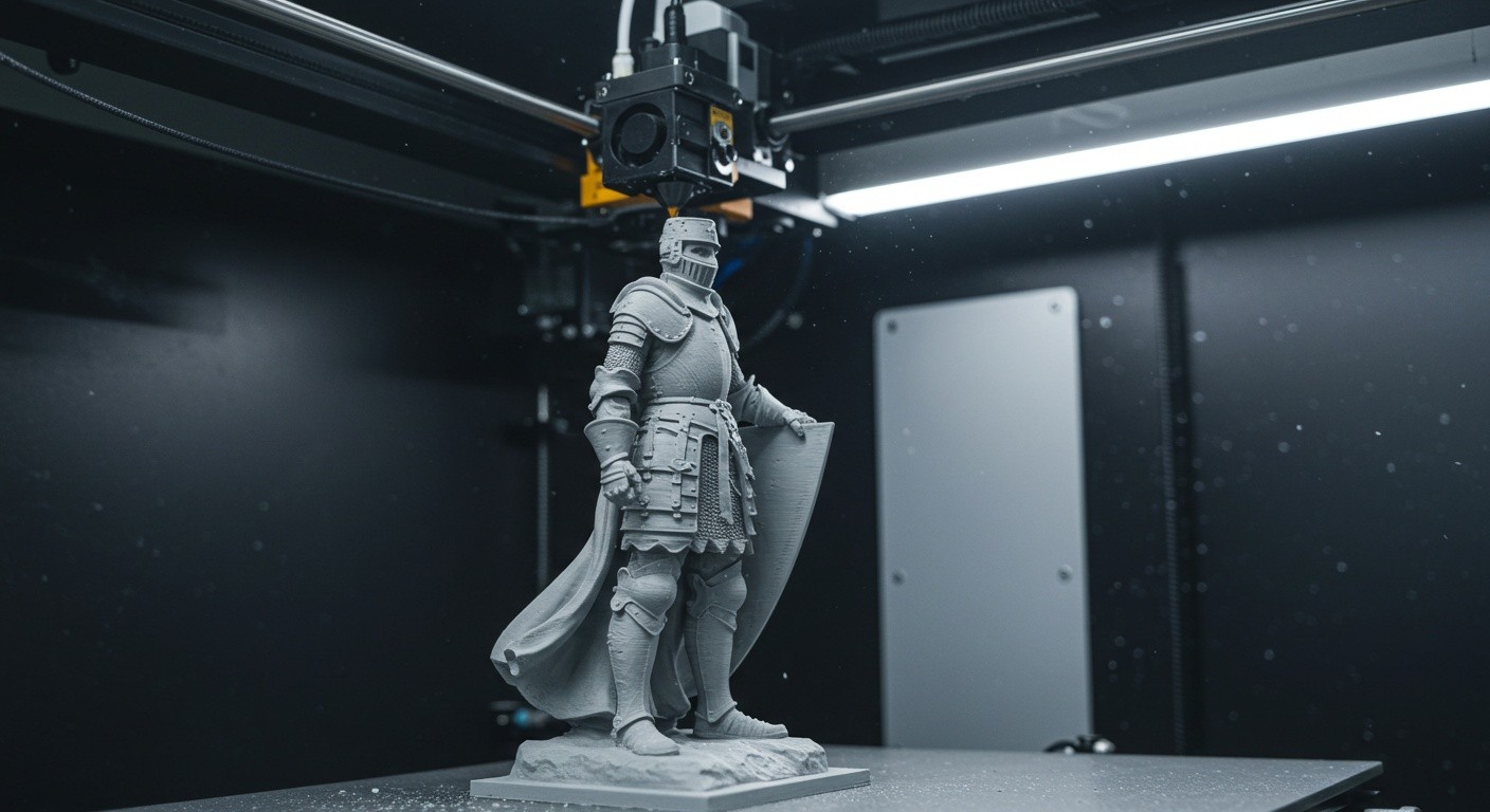 (реалистичная фотография) (Не используй текст и буквы на изображении) : 3d печать, Процесс литья фигур и статуй из различных материалов