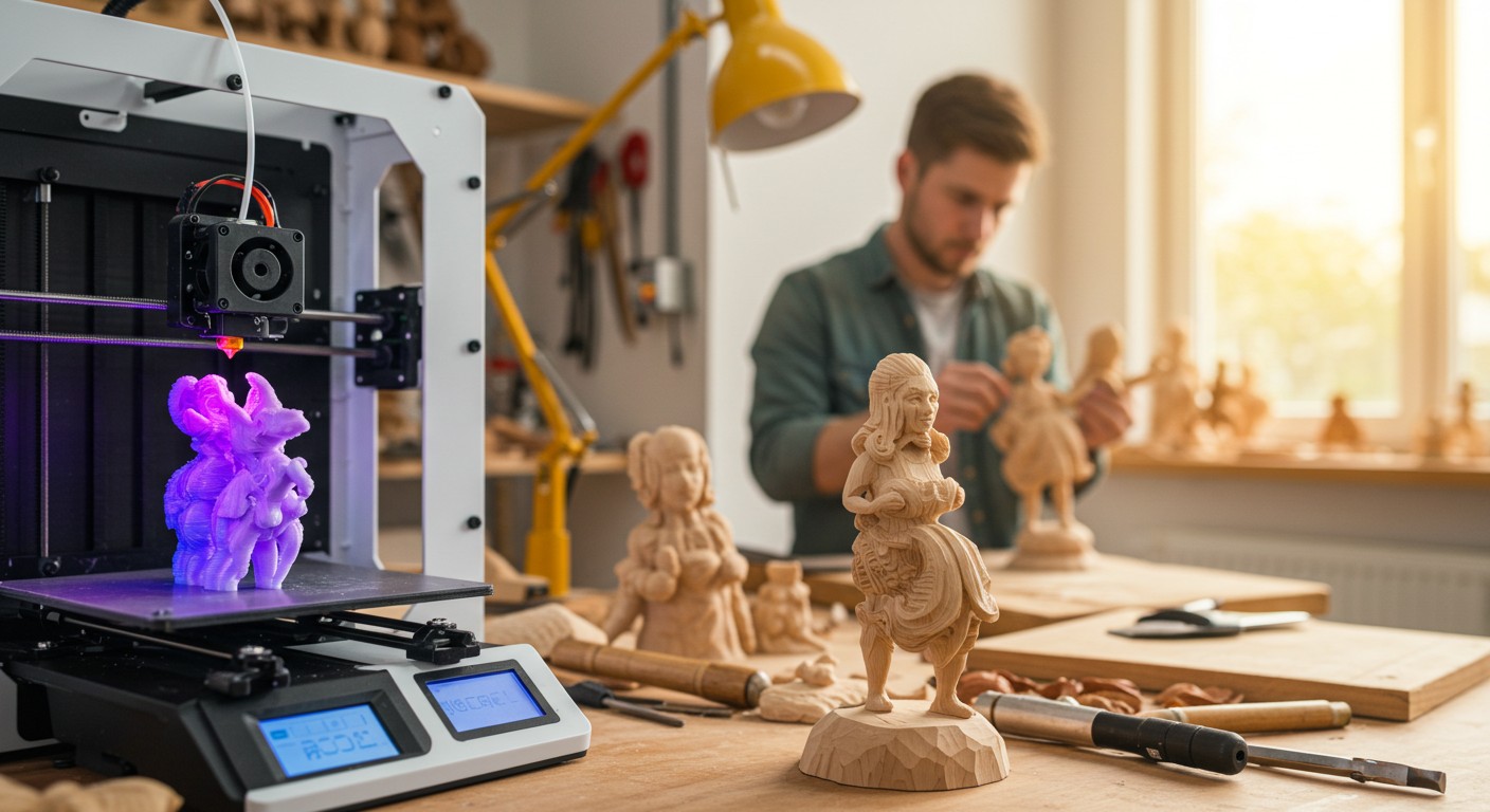(реалистичная фотография) (Не используй текст и буквы на изображении) : 3d печать, Изготовление статуэток из дерева с ручной резьбой