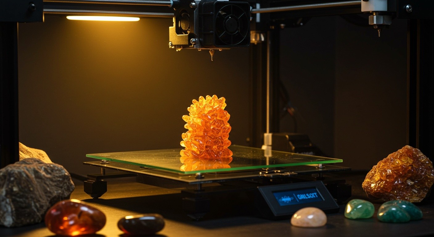 (реалистичная фотография) (Не используй текст и буквы на изображении) : 3d печать, Процесс создания изделий из янтаря и других природных материалов