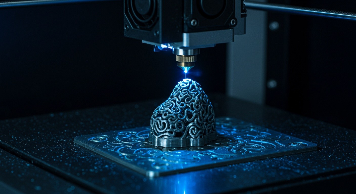 (реалистичная фотография) (Не используй текст и буквы на изображении) : 3d печать, Процесс создания декоративных фигурок из металла с лазерной гравировкой