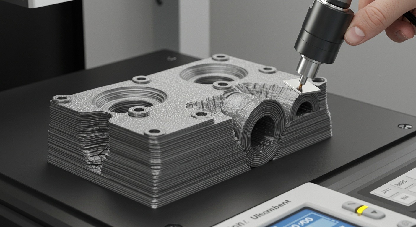 (реалистичная фотография) (Не используй текст и буквы на изображении) : 3d печать, Послойная печать и ультразвуковой контроль