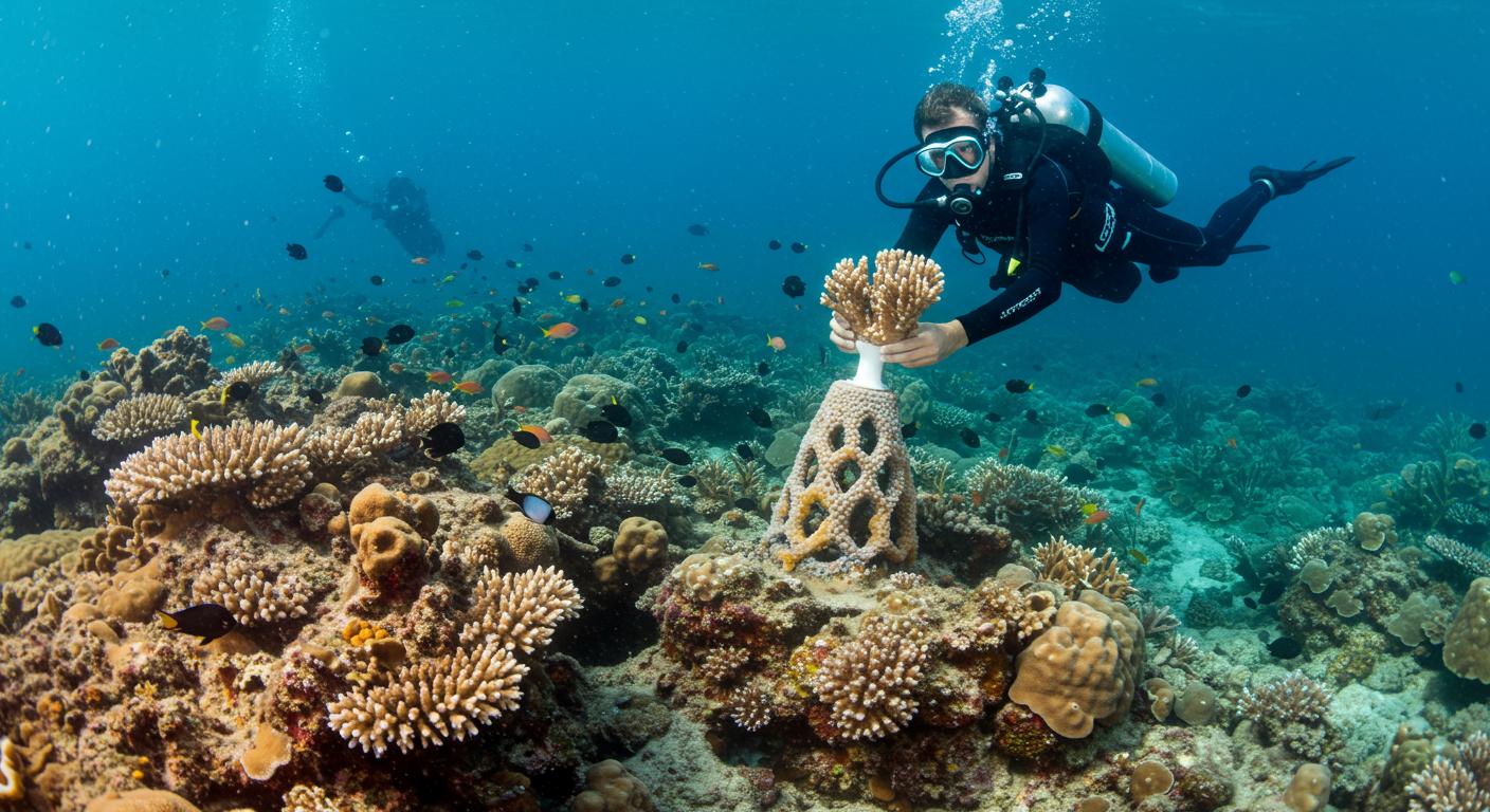 (реалистичная фотография) (Не используй текст и буквы на изображении) : 3d печать, 3D-печать и восстановление кораллов