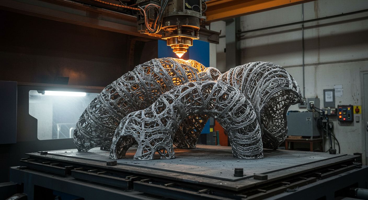 (реалистичная фотография) (Не используй текст и буквы на изображении) : 3d печать, Технология изготовления крупных скульптур из металла