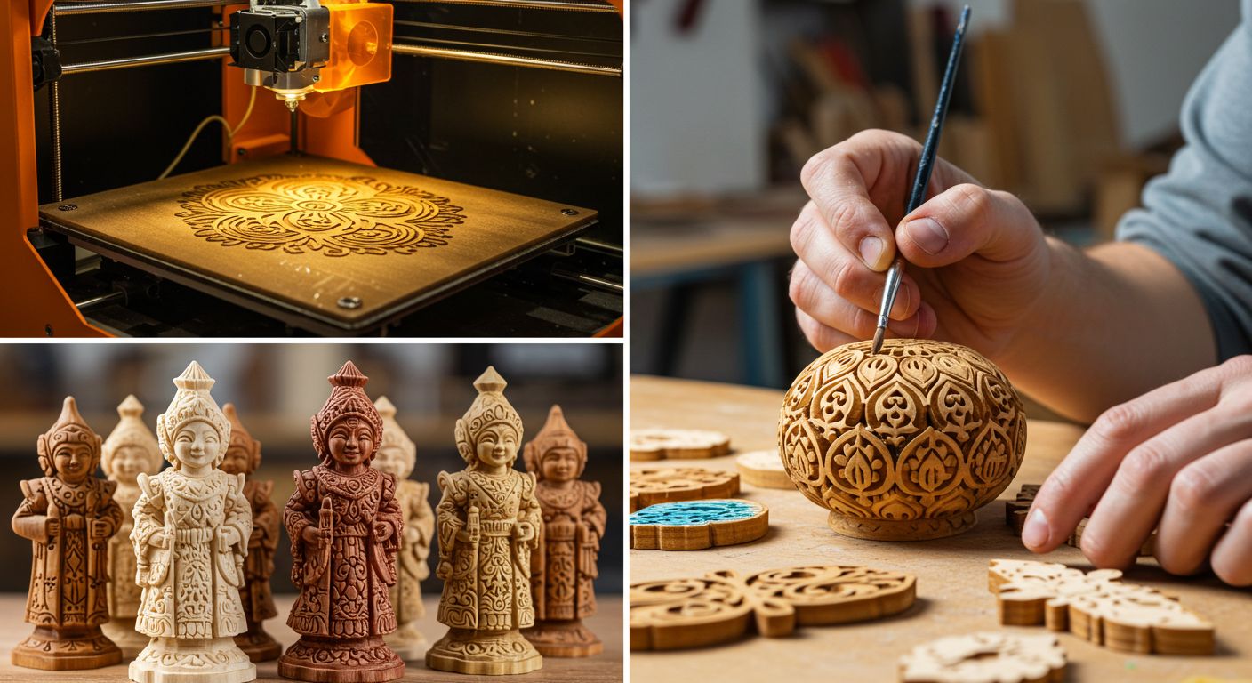 (реалистичная фотография) (Не используй текст и буквы на изображении) : 3d печать, Производство декоративных фигурок из дерева с окраской