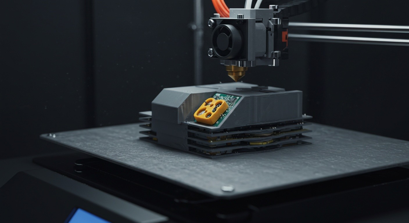 (реалистичная фотография) (Не используй текст и буквы на изображении) : 3d печать, Печать встроенных компонентов послойно