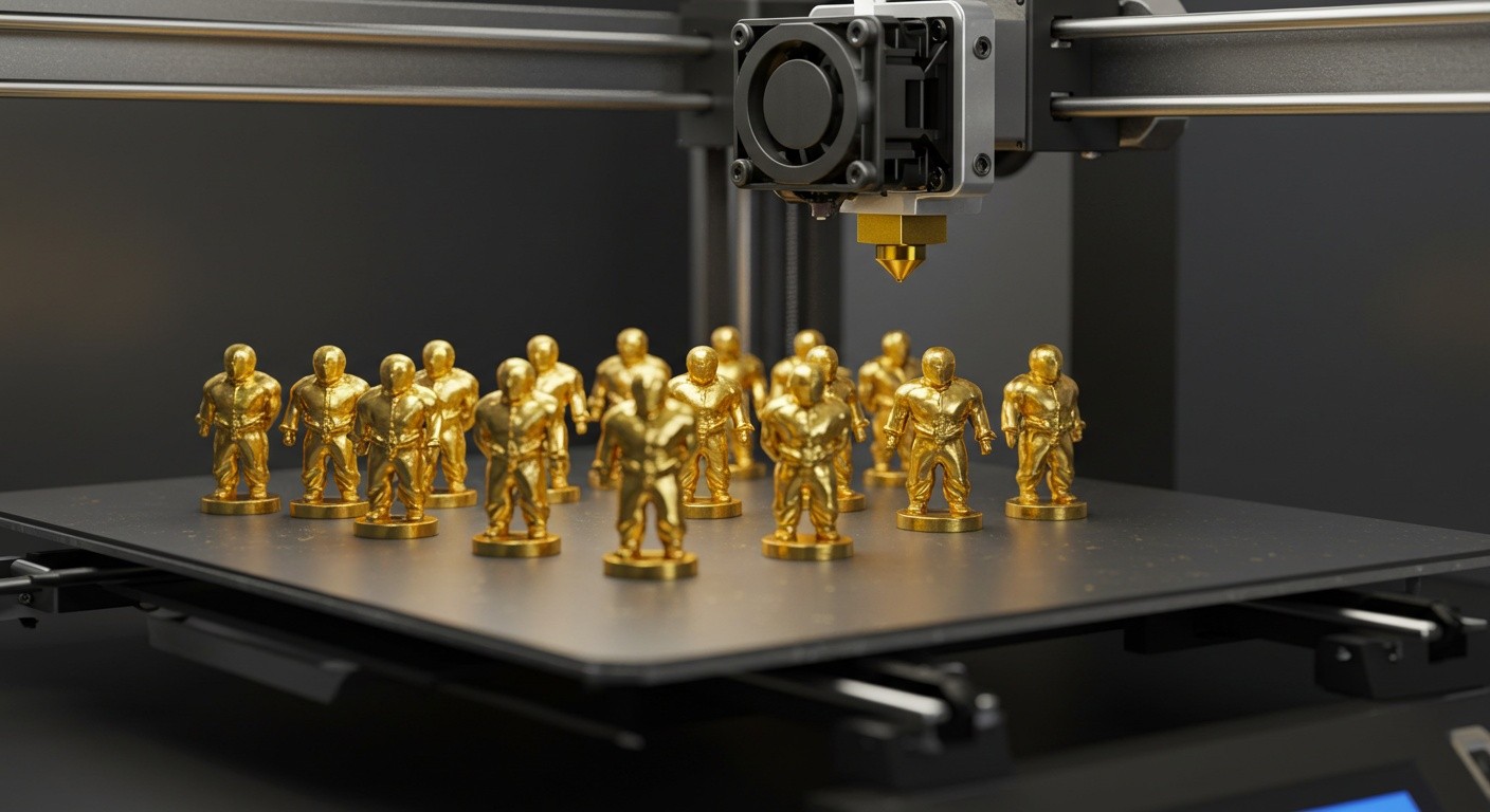 (реалистичная фотография) (Не используй текст и буквы на изображении) : 3d печать, Печать фигурок в позолоченном стиле