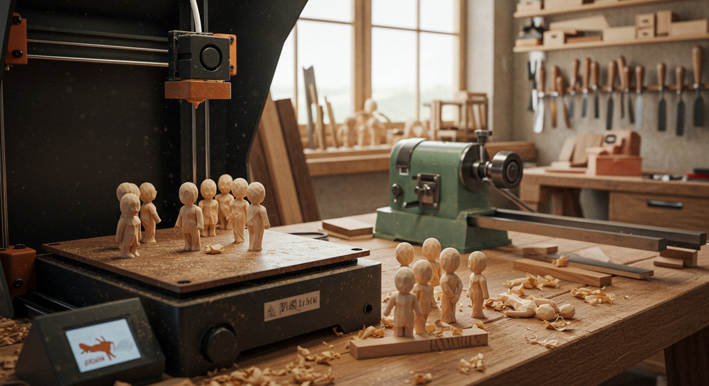 (реалистичная фотография) (Не используй текст и буквы на изображении) : 3d печать, Производство фигурок из дерева с применением токарного станка