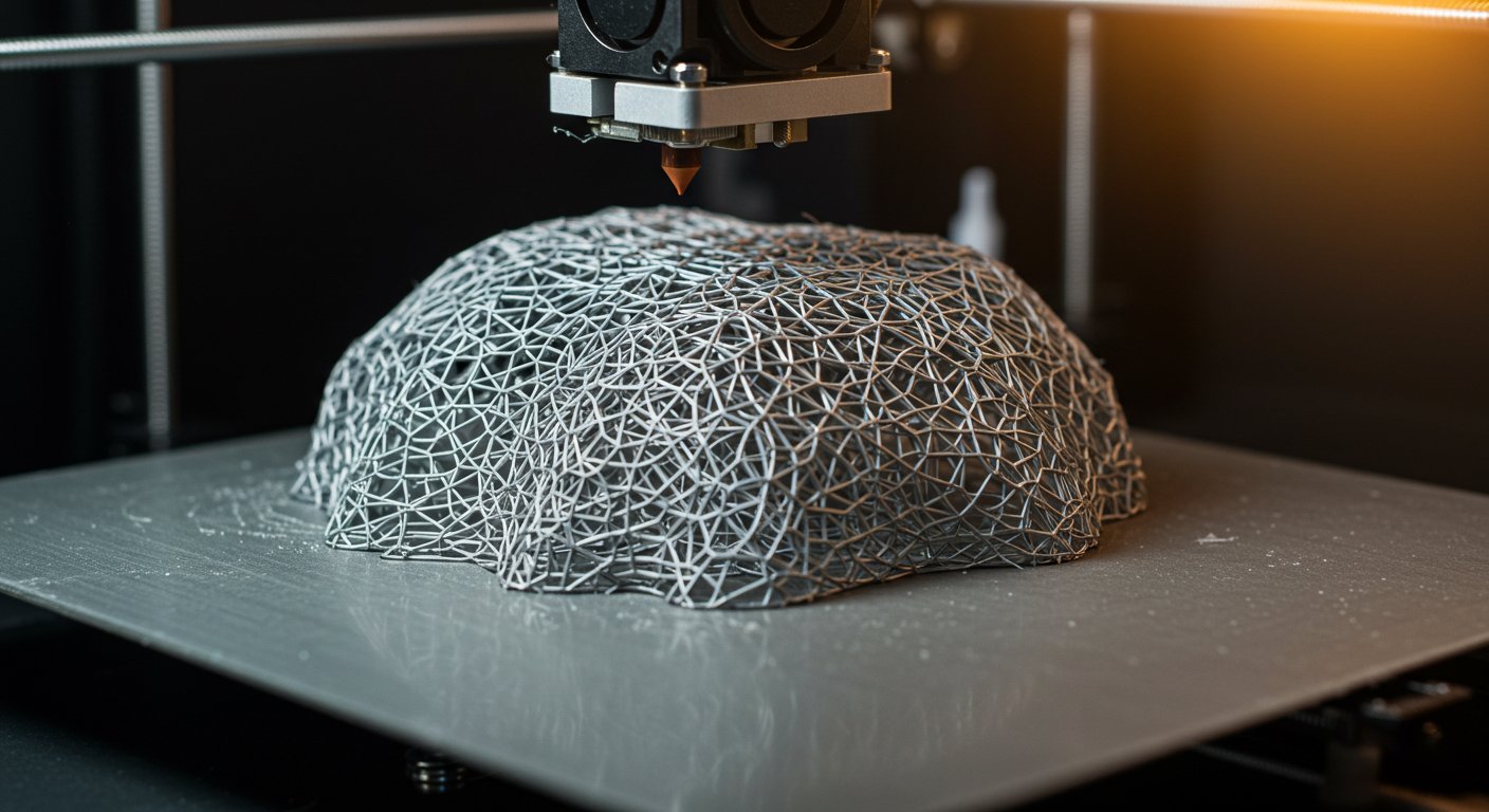 Пример сетчатой структуры, изготовленной с помощью аддитивных технологий Сетчатая структура, созданная послойной печатью