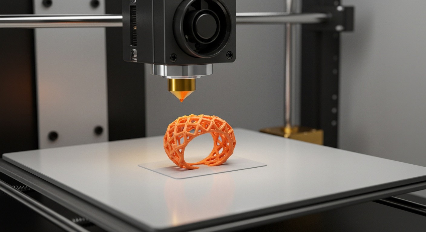 (реалистичная фотография) (Не используй текст и буквы на изображении) : 3d печать, Печать уникальных украшений послойно