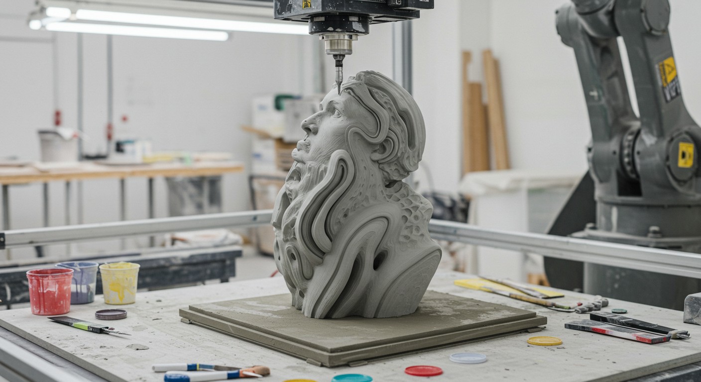 (реалистичная фотография) (Не используй текст и буквы на изображении) : 3d печать, Создание статуй из бетона с использованием красок и покрытий