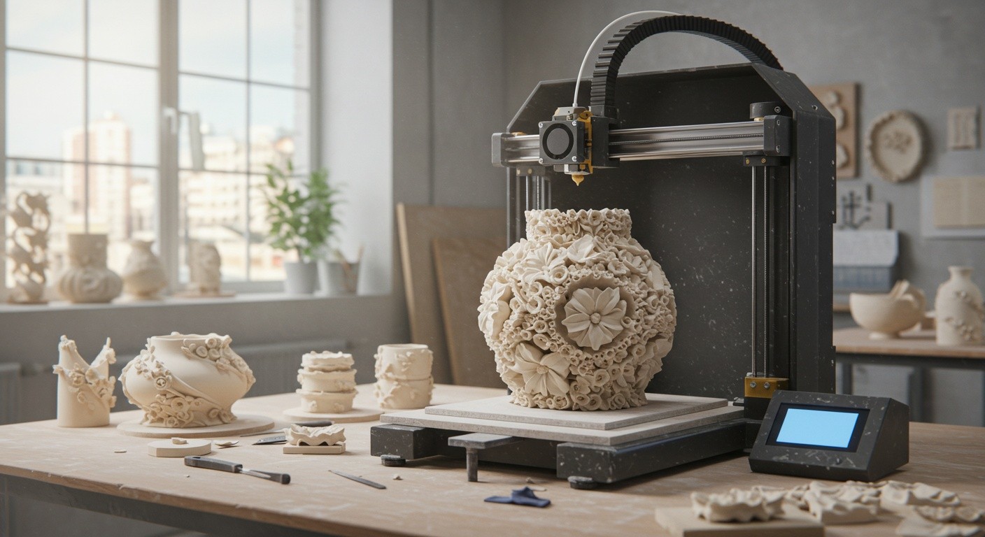 (реалистичная фотография) (Не используй текст и буквы на изображении) : 3d печать, Технология изготовления декоративных изделий из керамики