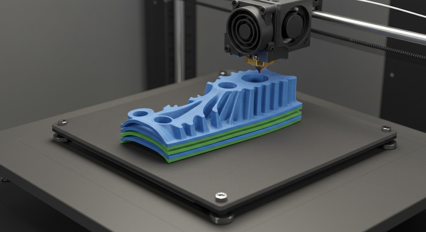 (реалистичная фотография) (Не используй текст и буквы на изображении) : 3d печать, Печать деталей с гибкими вставками послойно