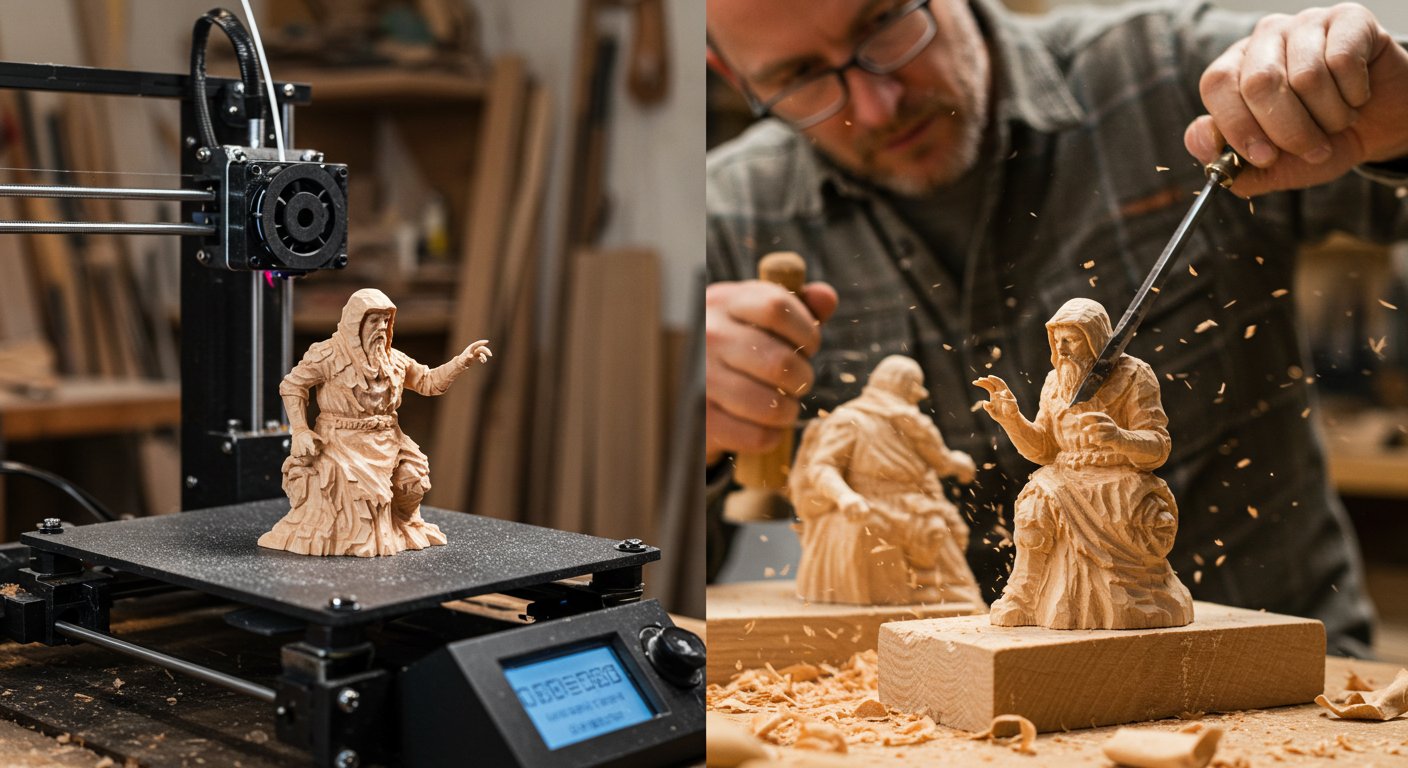 (реалистичная фотография) (Не используй текст и буквы на изображении) : 3d печать, Процесс производства фигурок из дерева с ручной резьбой