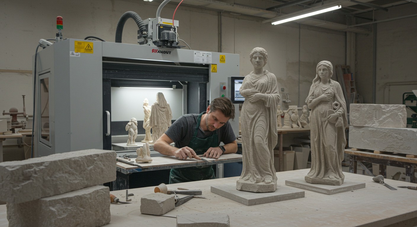 (реалистичная фотография) (Не используй текст и буквы на изображении) : 3d печать, Создание статуй и фигур из природного камня