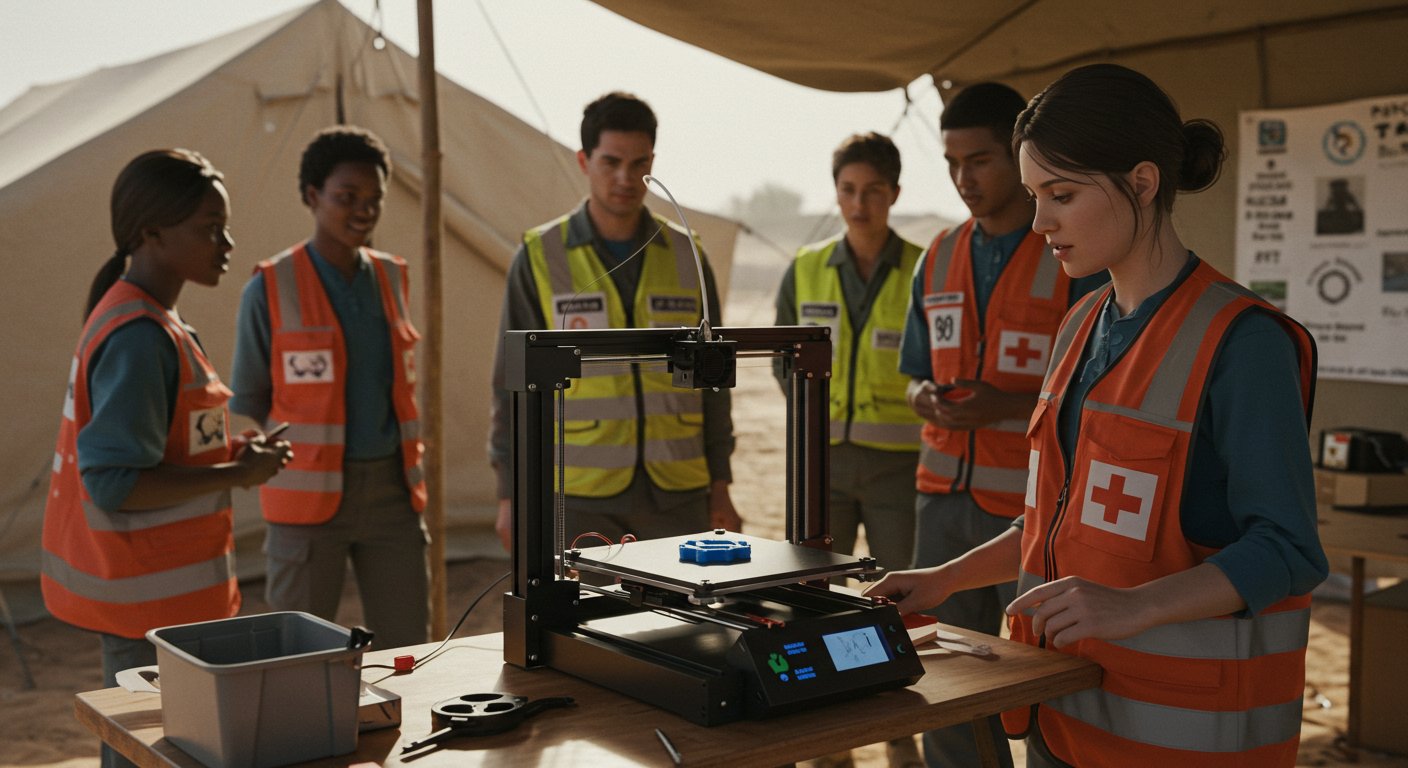 (реалистичная фотография) (Не используй текст и буквы на изображении) : 3d печать, 3D-печать в гуманитарных миссиях