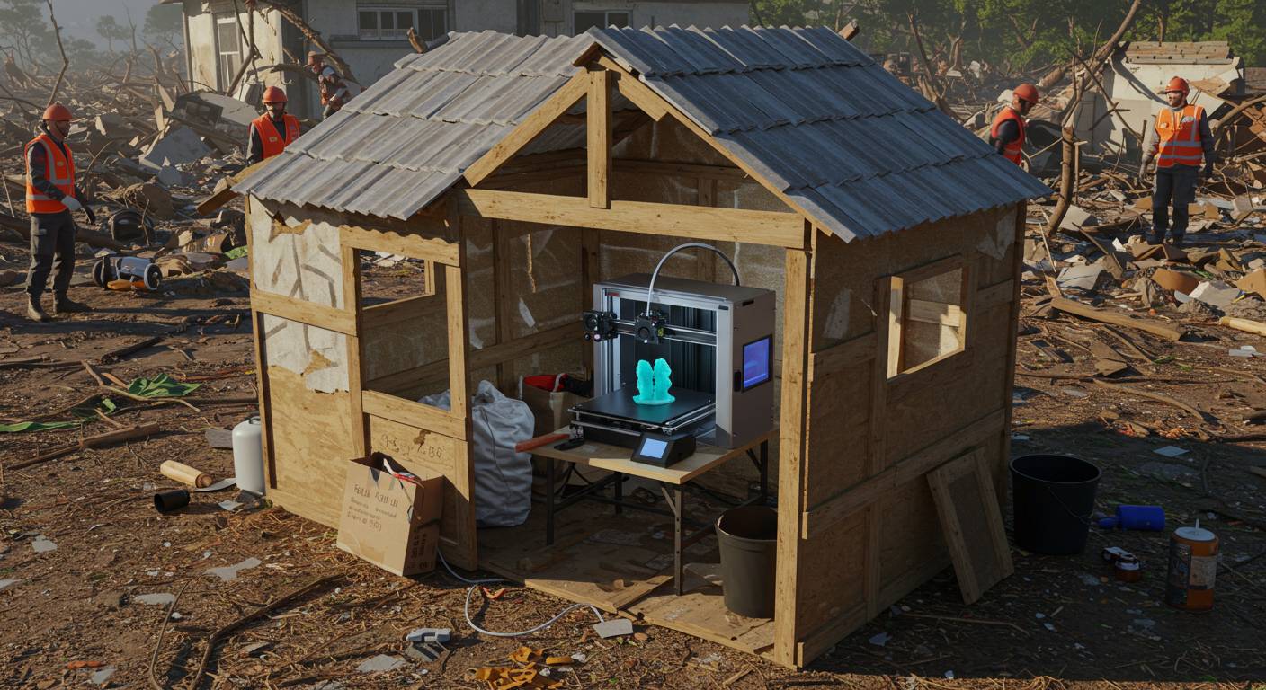 (реалистичная фотография) (Не используй текст и буквы на изображении) : 3d печать, Печать домов в зонах бедствий
