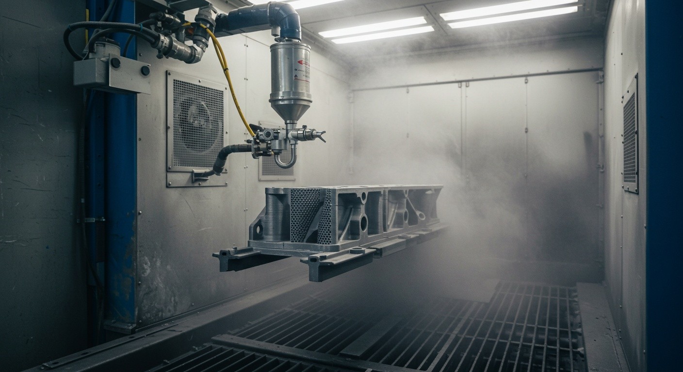 (реалистичная фотография) (Не используй текст и буквы на изображении) : 3d печать, Процесс производства изделий из металла с порошковой окраской