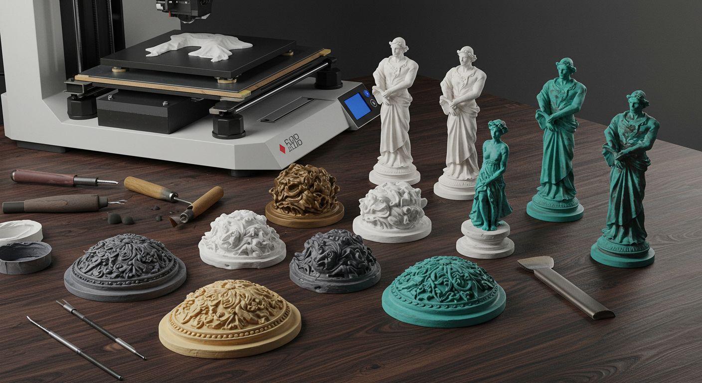 (реалистичная фотография) (Не используй текст и буквы на изображении) : 3d печать, Технология изготовления декоративных фигурок из гипса с патинированием