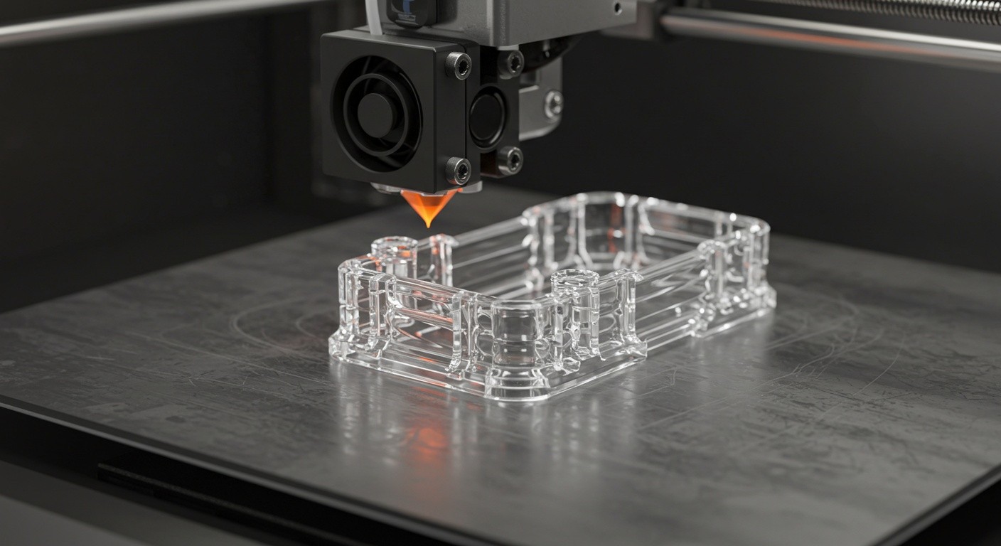 (реалистичная фотография) (Не используй текст и буквы на изображении) : 3d печать, Печать прозрачных корпусов послойно