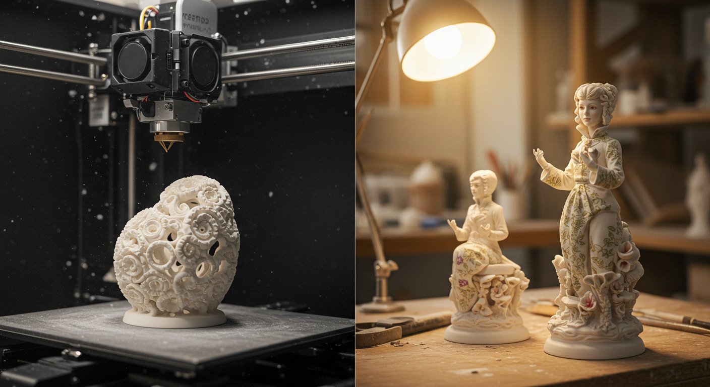(реалистичная фотография) (Не используй текст и буквы на изображении) : 3d печать, Производство статуэток из фарфора с ручной росписью