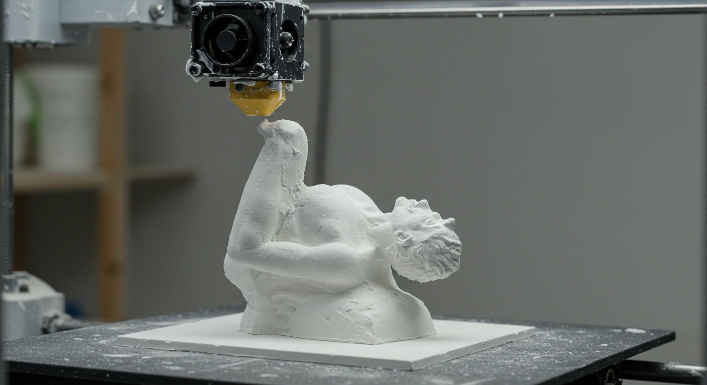 (реалистичная фотография) (Не используй текст и буквы на изображении) : 3d печать, Процесс изготовления фигурок из гипса с окраской