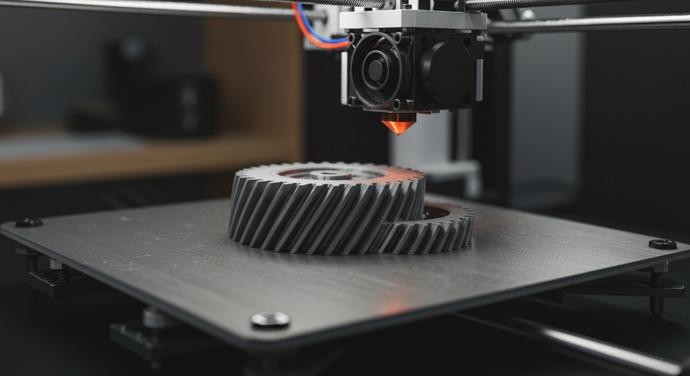 (реалистичная фотография) (Не используй текст и буквы на изображении) : 3d печать, Печать сложных шестерен послойно