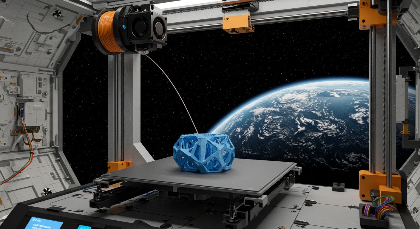 (реалистичная фотография) (Не используй текст и буквы на изображении) : 3d печать, Печать в невесомости