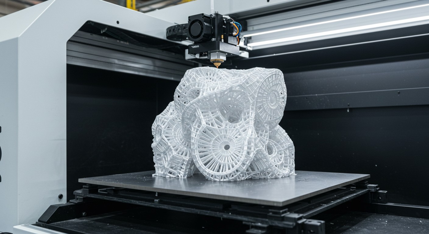 (реалистичная фотография) (Не используй текст и буквы на изображении) : 3d печать, Печать больших форм послойно без поддержек