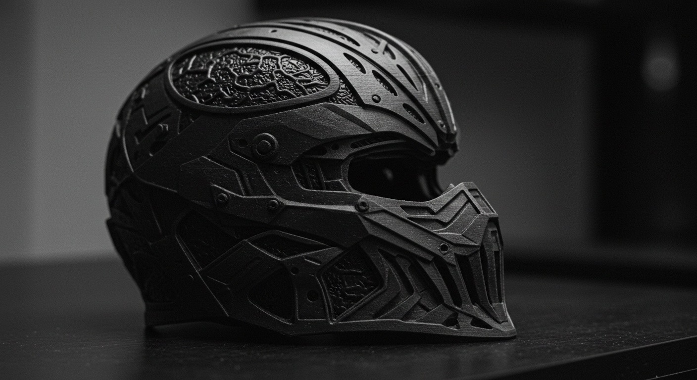 (реалистичная фотография) (Не используй текст и буквы на изображении) : 3d печать, Напечатанные шлемы