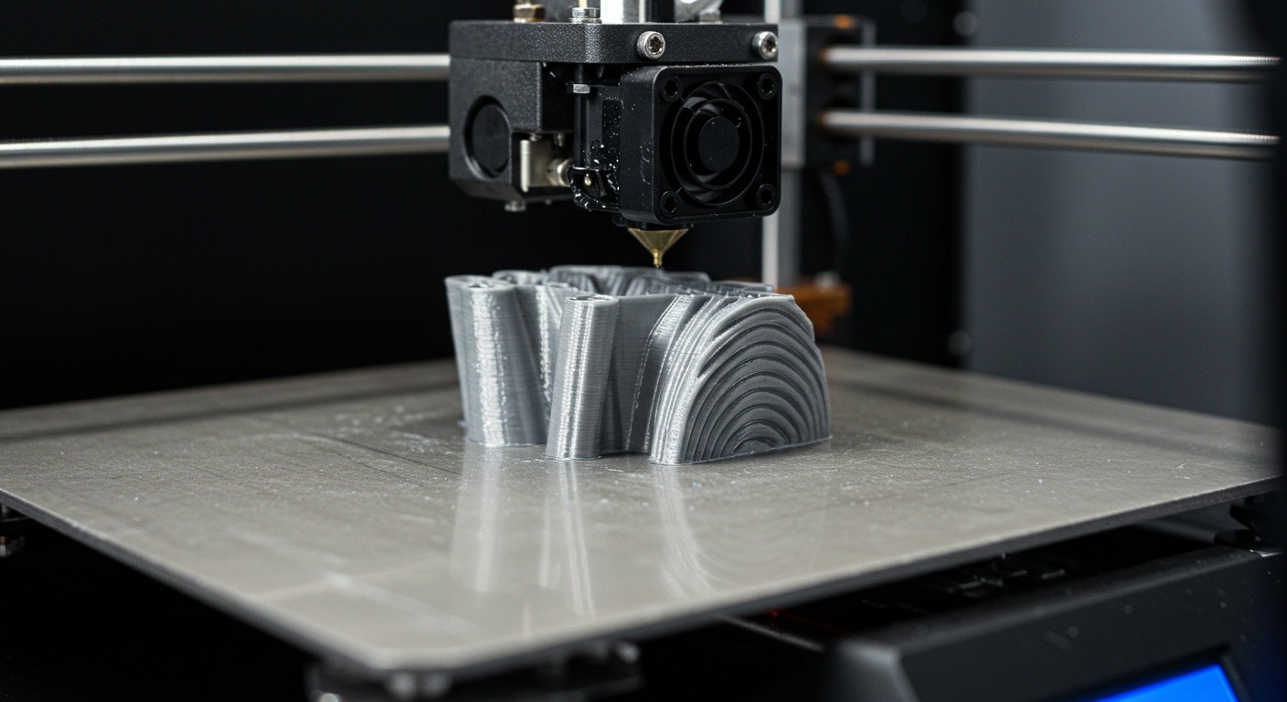 (реалистичная фотография) (Не используй текст и буквы на изображении) : 3d печать, Послойная печать и идеальная адгезия к столу