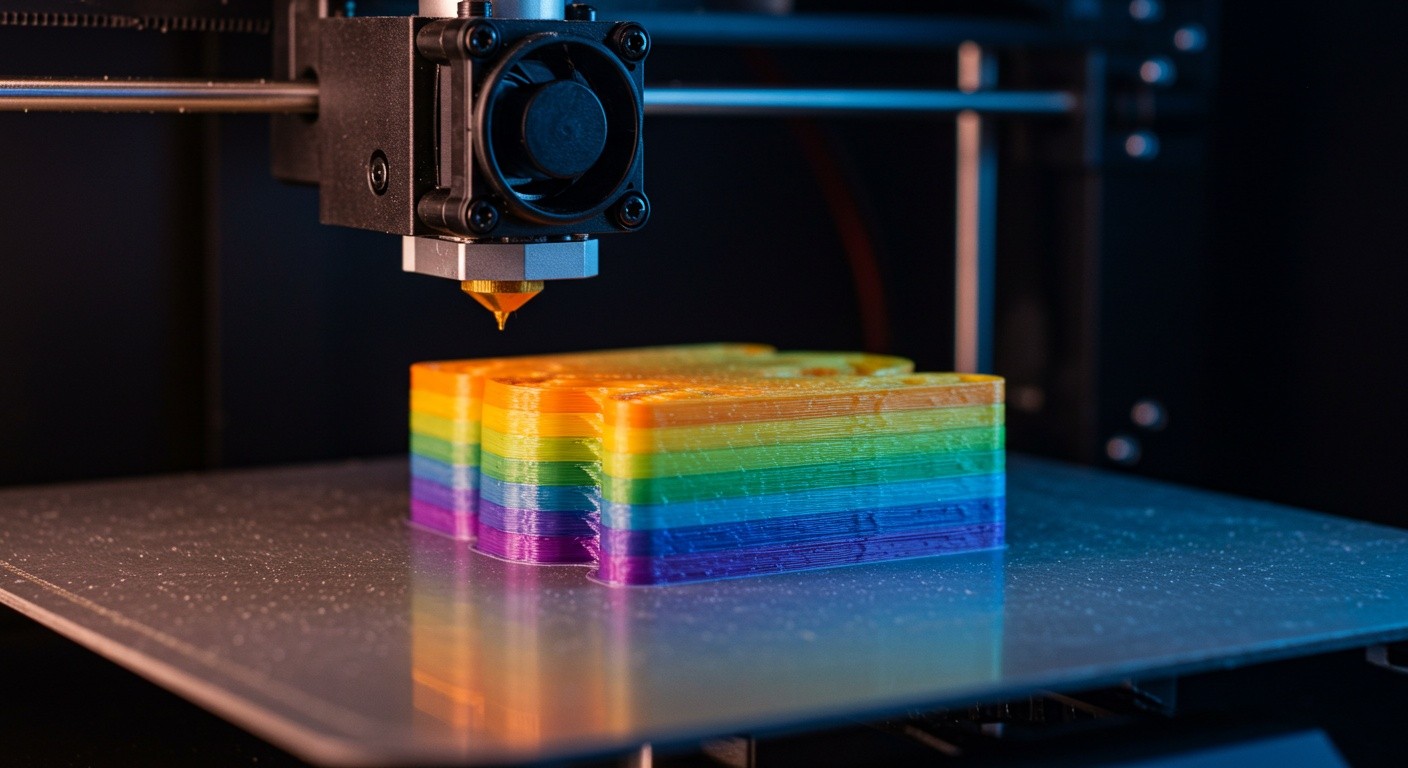 (реалистичная фотография) (Не используй текст и буквы на изображении) : 3d печать, Послойная печать с переменной температурой экструдера