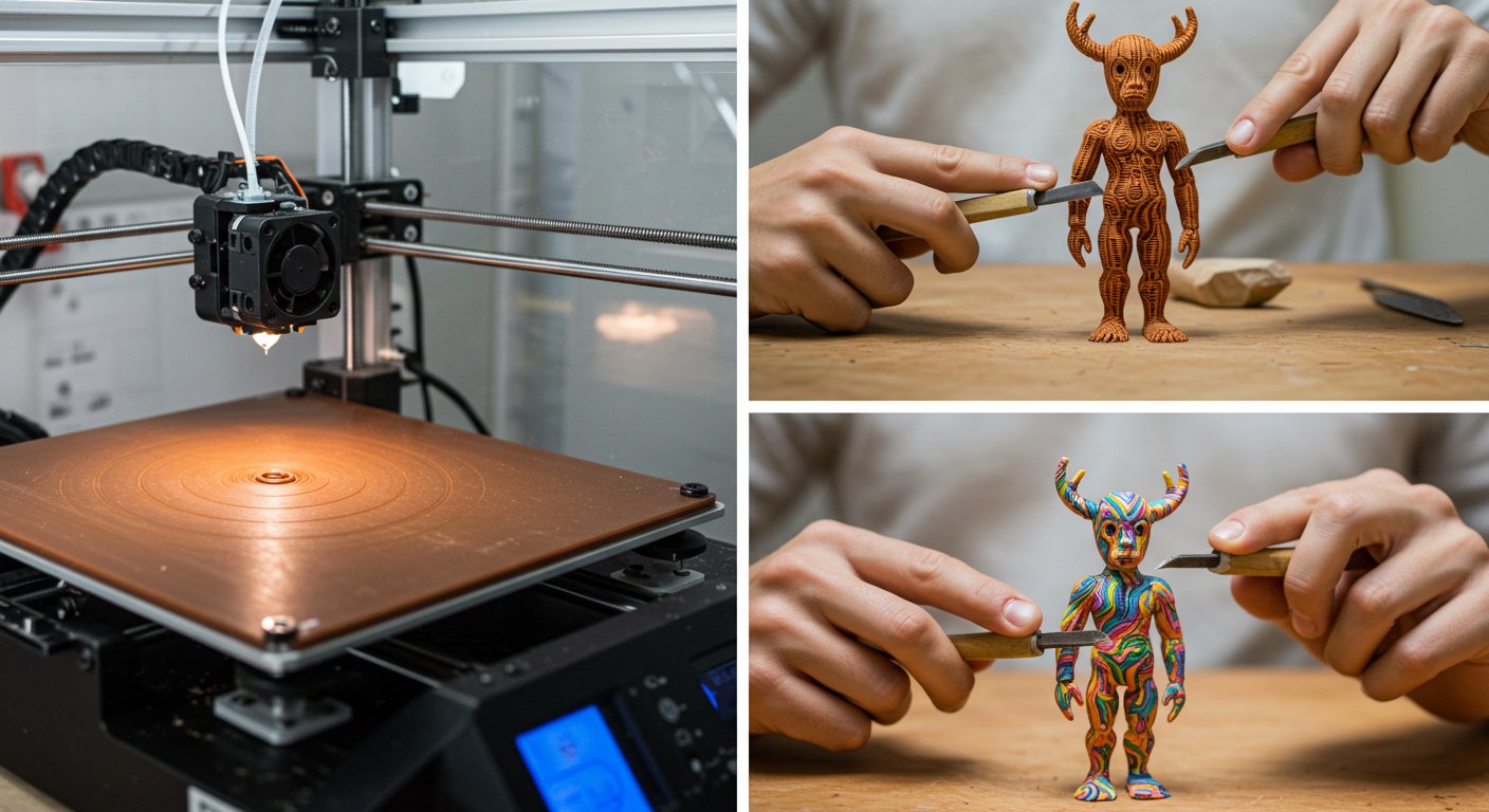 Процесс изготовления деревянных фигурок с резьбой и покраской