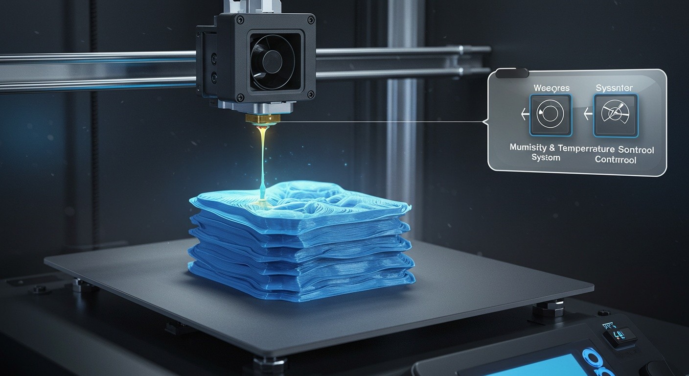 (реалистичная фотография) (Не используй текст и буквы на изображении) : 3d печать, Послойная печать и контроль влажности материала