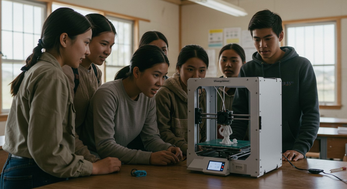(реалистичная фотография) (Не используй текст и буквы на изображении) : 3d печать, 3D-печать в сельских школах