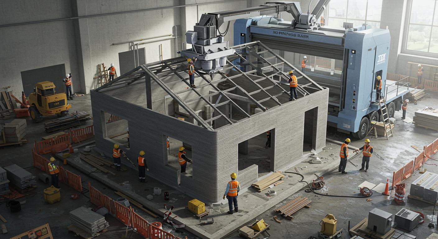 (реалистичная фотография) (Не используй текст и буквы на изображении) : 3d печать, Как напечатать дом за 24 часа