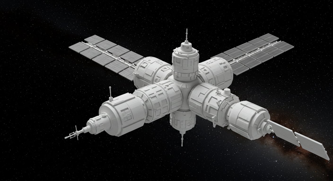 (реалистичная фотография) (Не используй текст и буквы на изображении) : 3d печать, Напечатанные космические станции