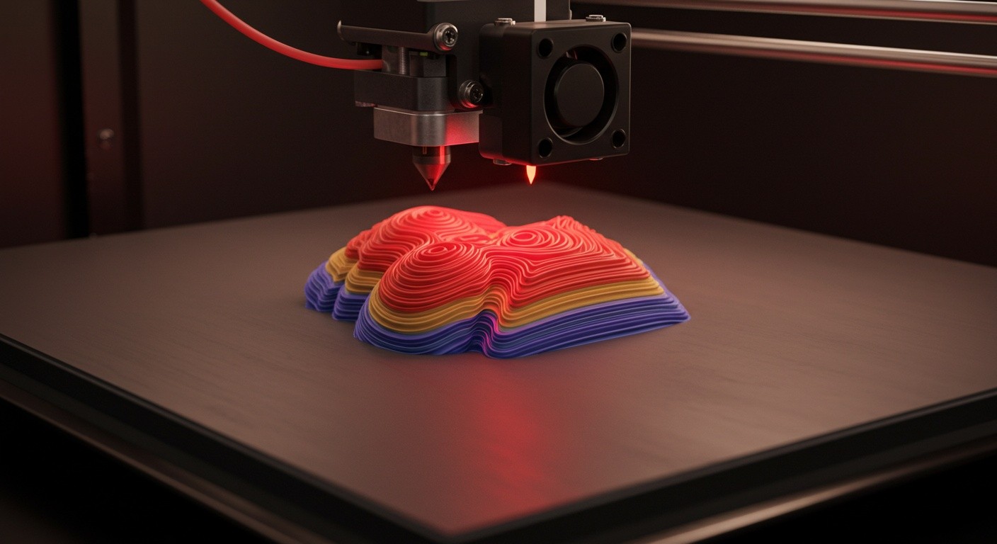 (реалистичная фотография) (Не используй текст и буквы на изображении) : 3d печать, Послойная печать и моделирование тепловых потоков