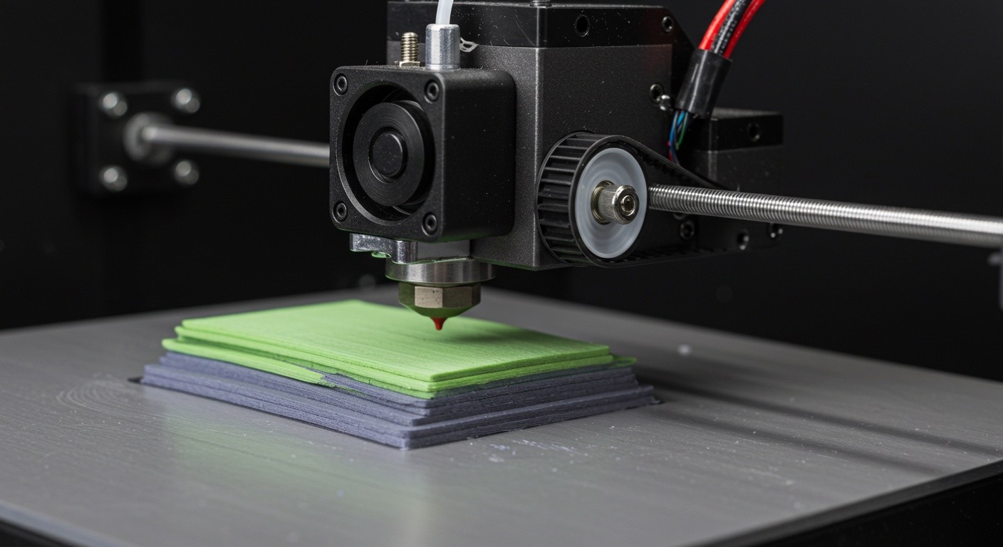 (реалистичная фотография) (Не используй текст и буквы на изображении) : 3d печать, Послойная печать и контроль натяжения ремней