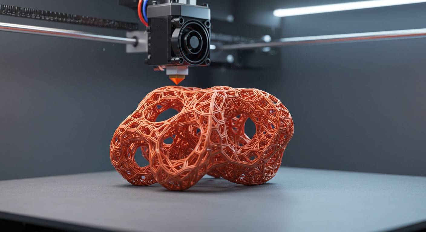 (реалистичная фотография) (Не используй текст и буквы на изображении) : 3d печать, Печать сложных переплетённых структур послойно