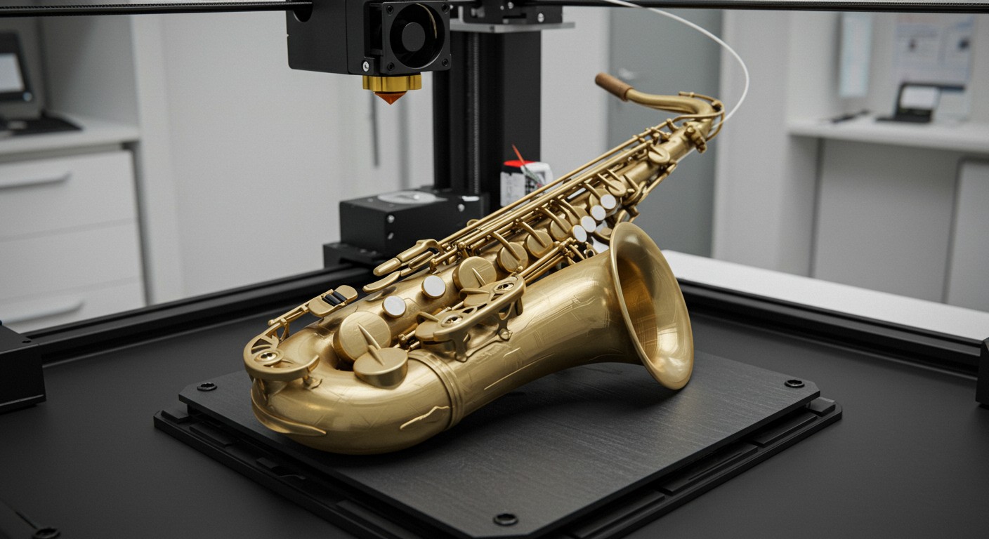 (реалистичная фотография) (Не используй текст и буквы на изображении) : 3d печать, Печать уникальных музыкальных инструментов