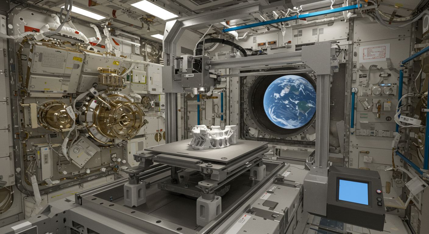 (реалистичная фотография) (Не используй текст и буквы на изображении) : 3d печать, Печать деталей на орбите