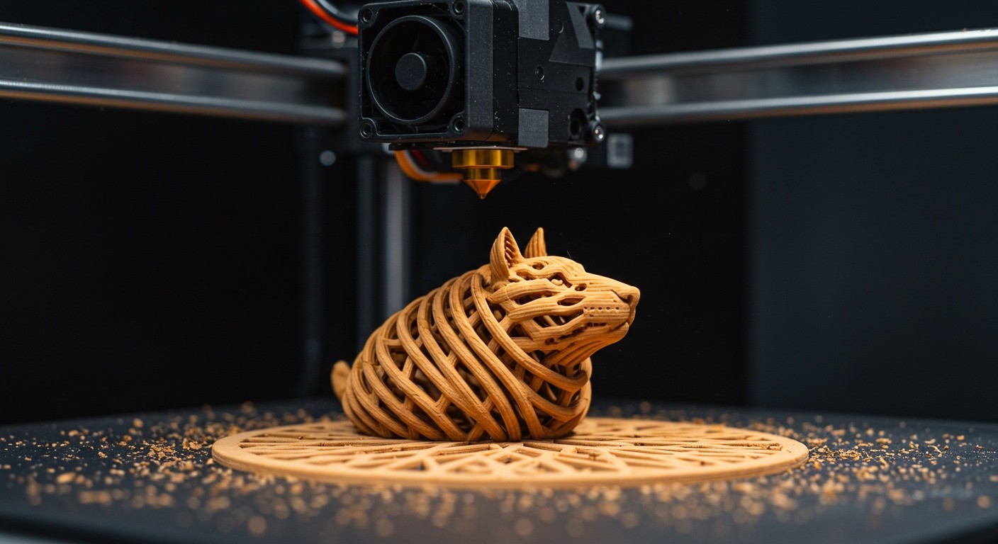 (реалистичная фотография) (Не используй текст и буквы на изображении) : 3d печать, Процесс создания декоративных фигурок из дерева
