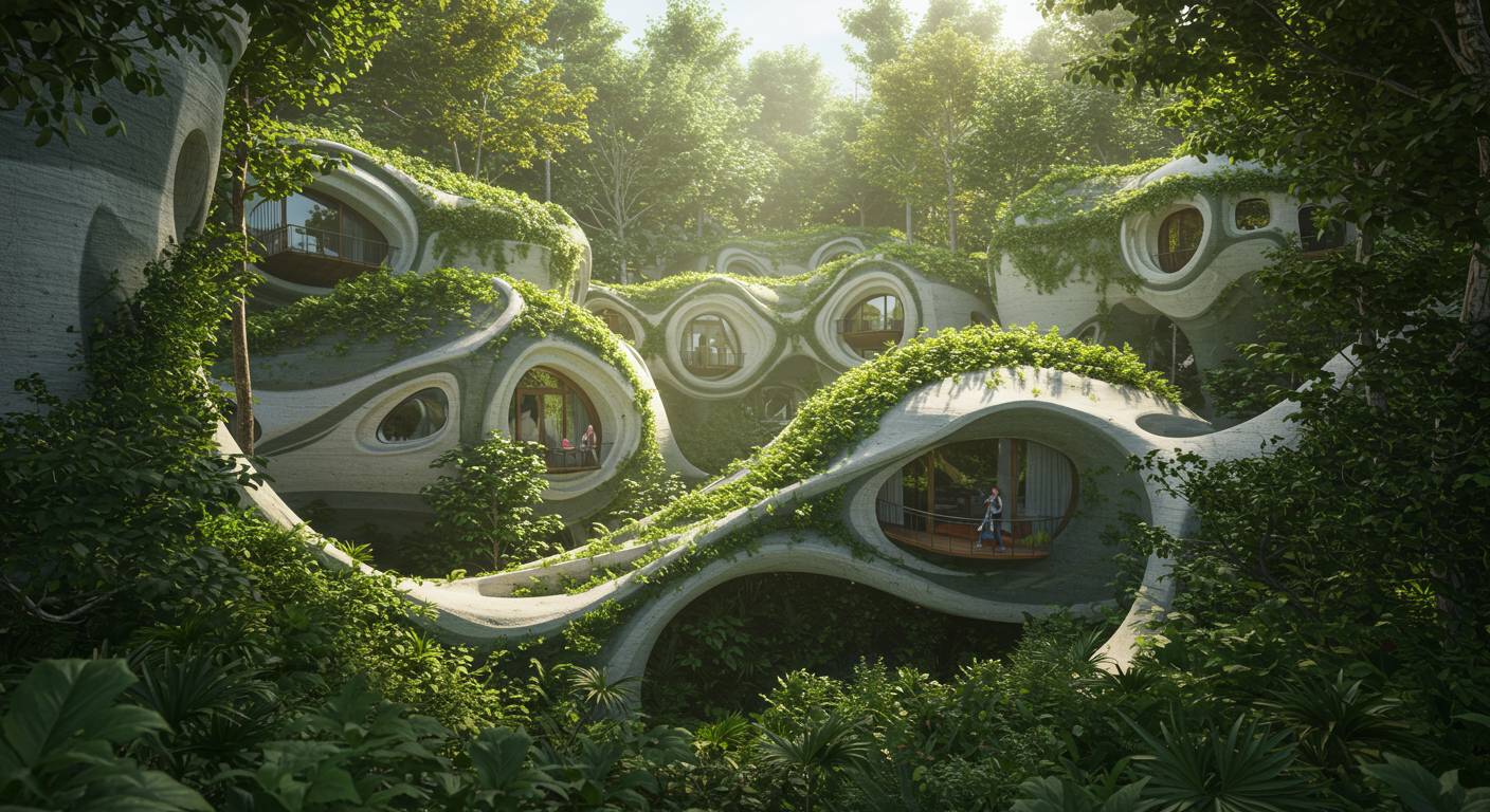 (реалистичная фотография) (Не используй текст и буквы на изображении) : 3d печать, Напечатанные дома в джунглях